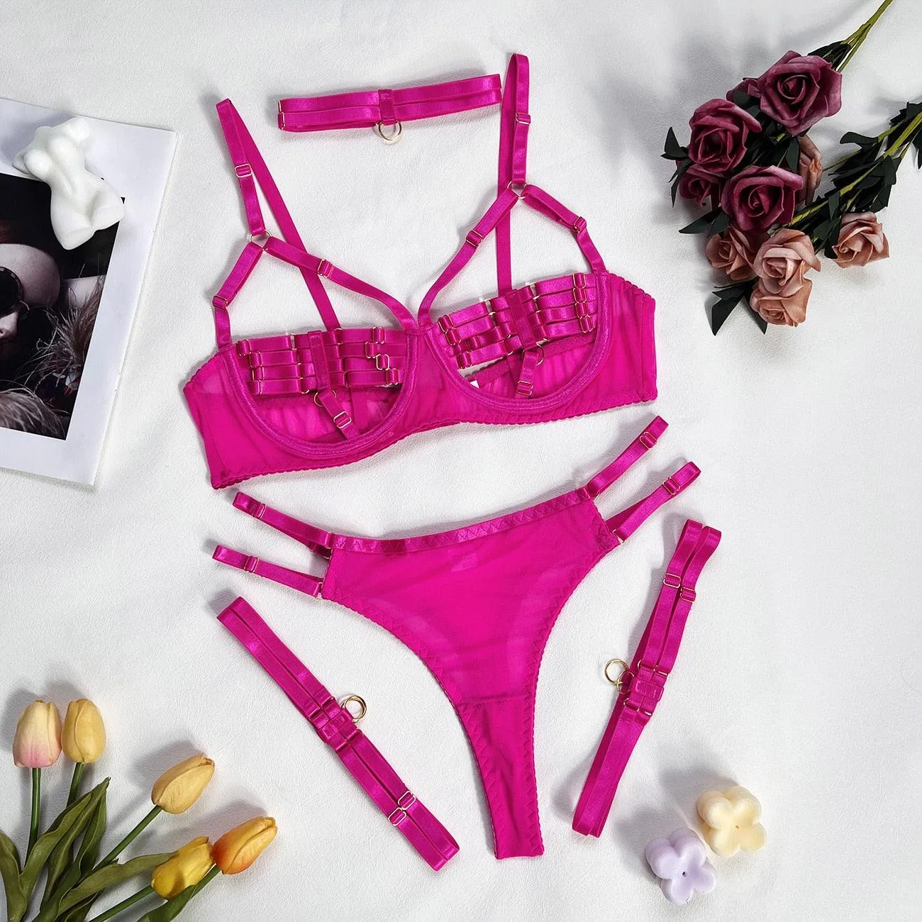 5-Piece SexyHollow Underwear Sensual Open Bra Outfit